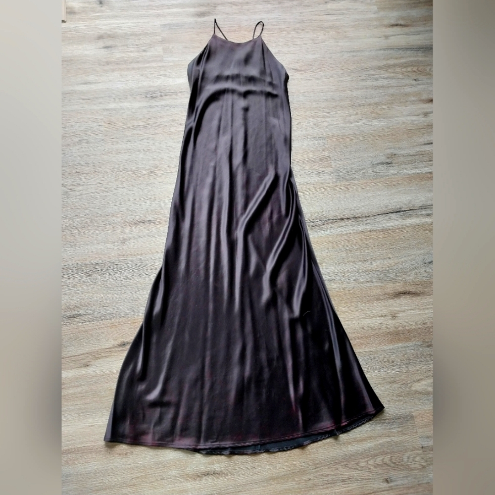 Black satin high-neck, racer-back maxi dress